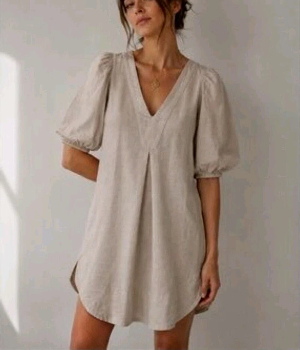 Cynthia Rowley Linen Blend Puff Sleeve V-Neck Mini Dress Taupe Tan Large